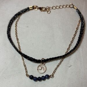 Gold and Black ankle bracelet with Blue Beads